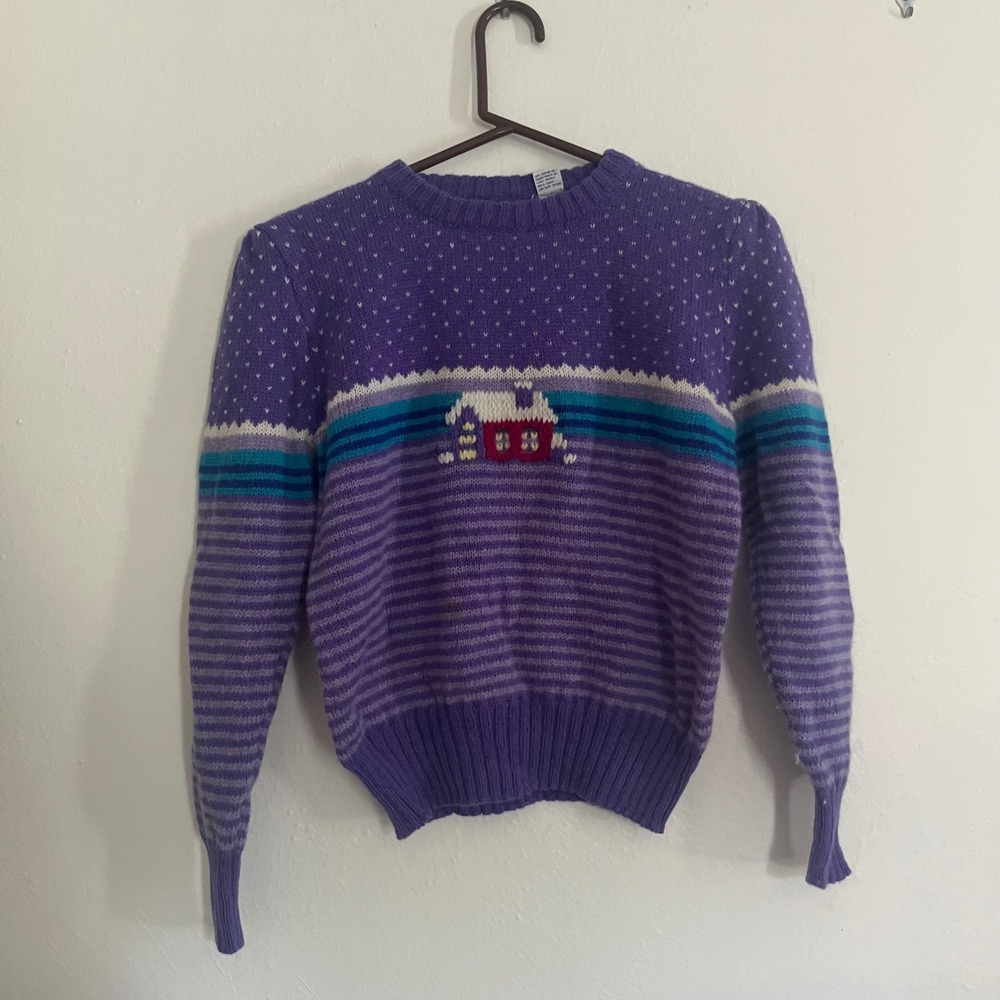 Vintage 100% Shetland Wool Purple Striped Cottage Knit Sweater Women's XS